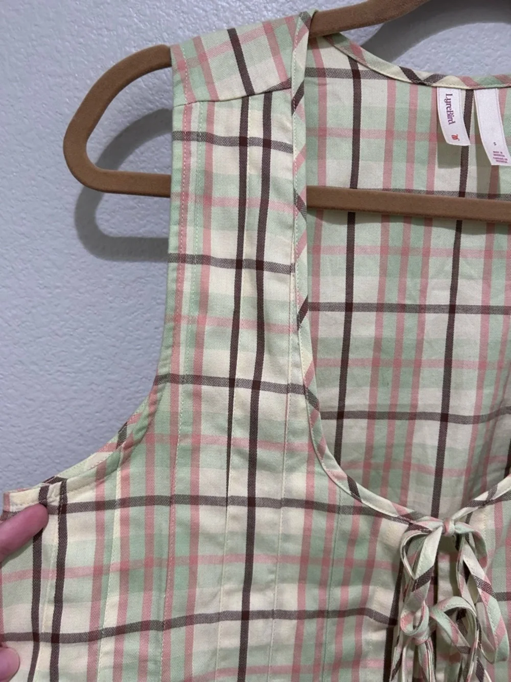 Anthropologie Plaid Tie-Front Sleeveless Camisole - Beige Plaid - Picture 7 of 9